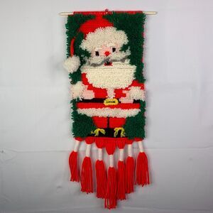 vintage handmade Christmas latch hook Santa Claus hanging tapestry finished